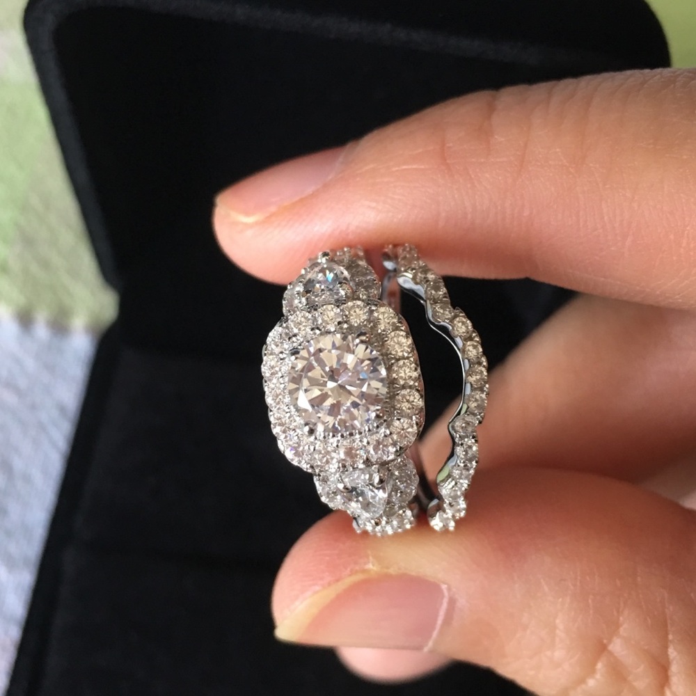 ❤️2pcs 925 Silver Engagement Ring Wedding Band Set